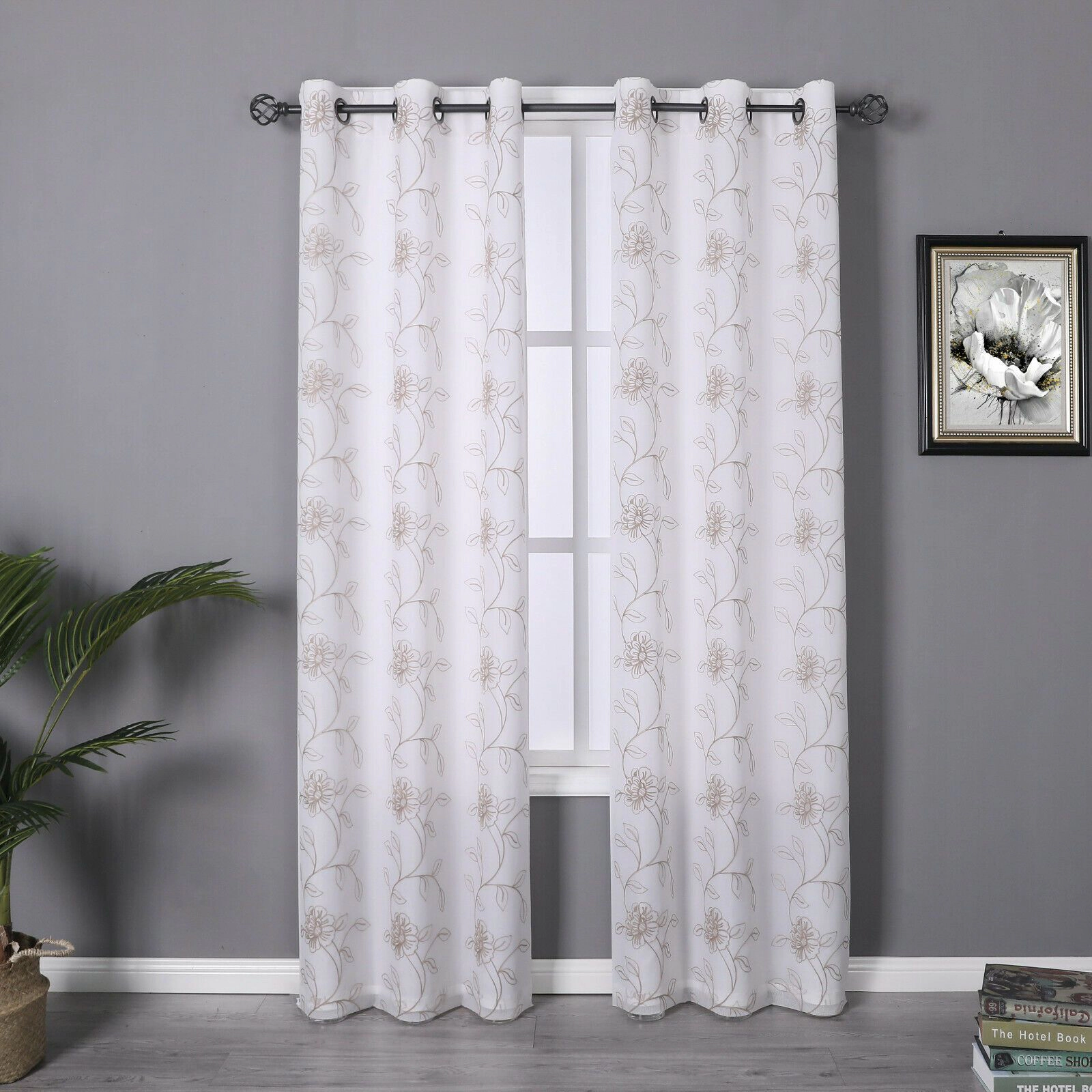 Kate Aurora Floral Embroidered Double Layered Sheer Grommet Curtains