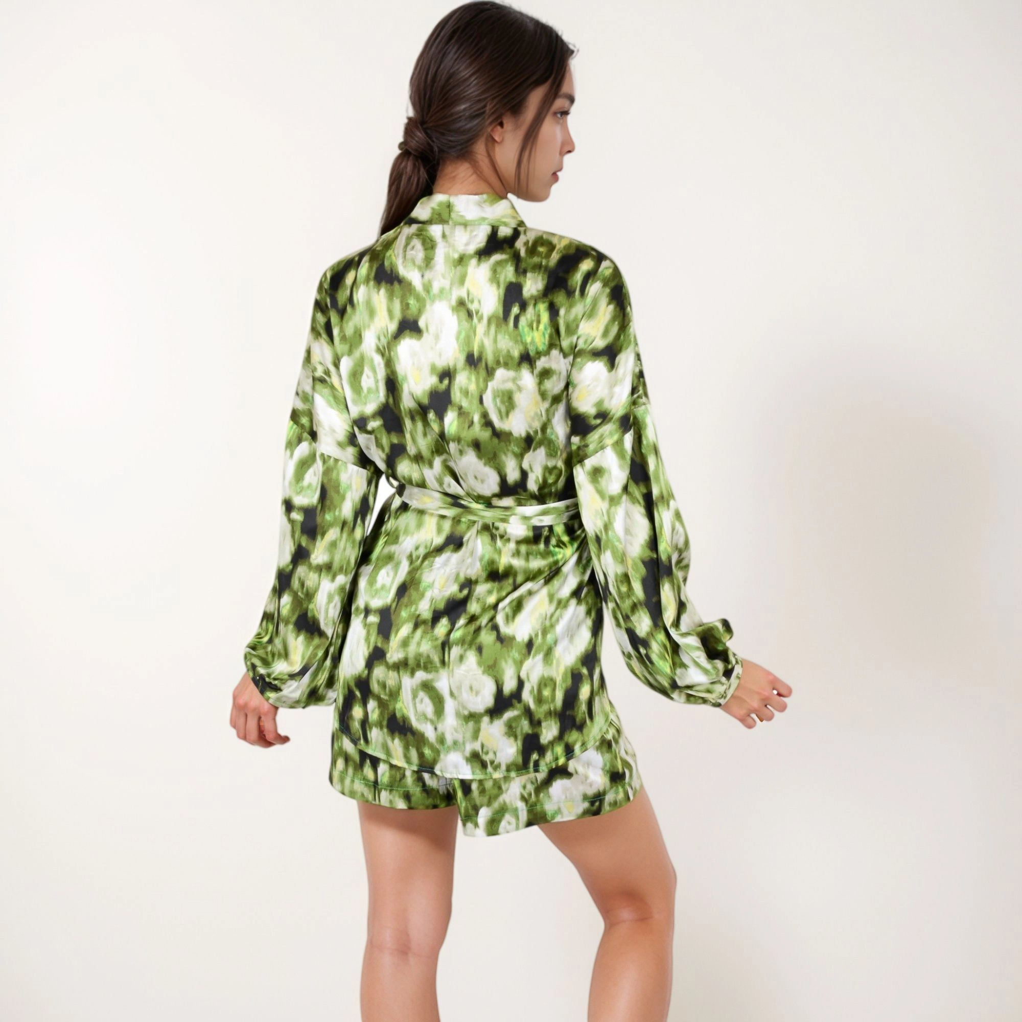 Anna-Kaci Women's Printed Satin Robe with Tie Waist and Flowing Sleeves