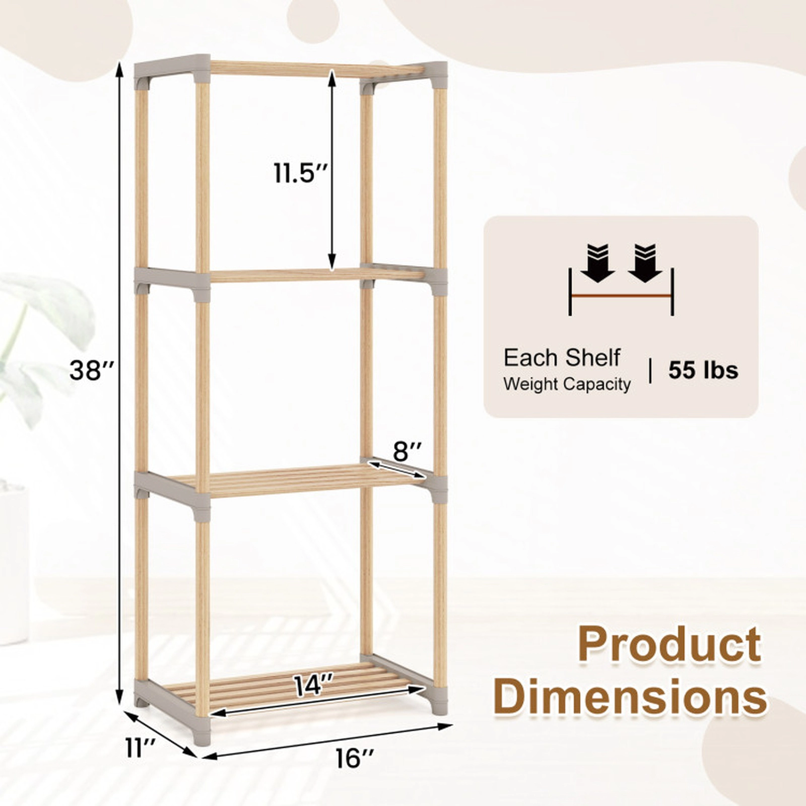 SUGIFT Natural Pine Wood Open Shelves Home Office Bookshelf