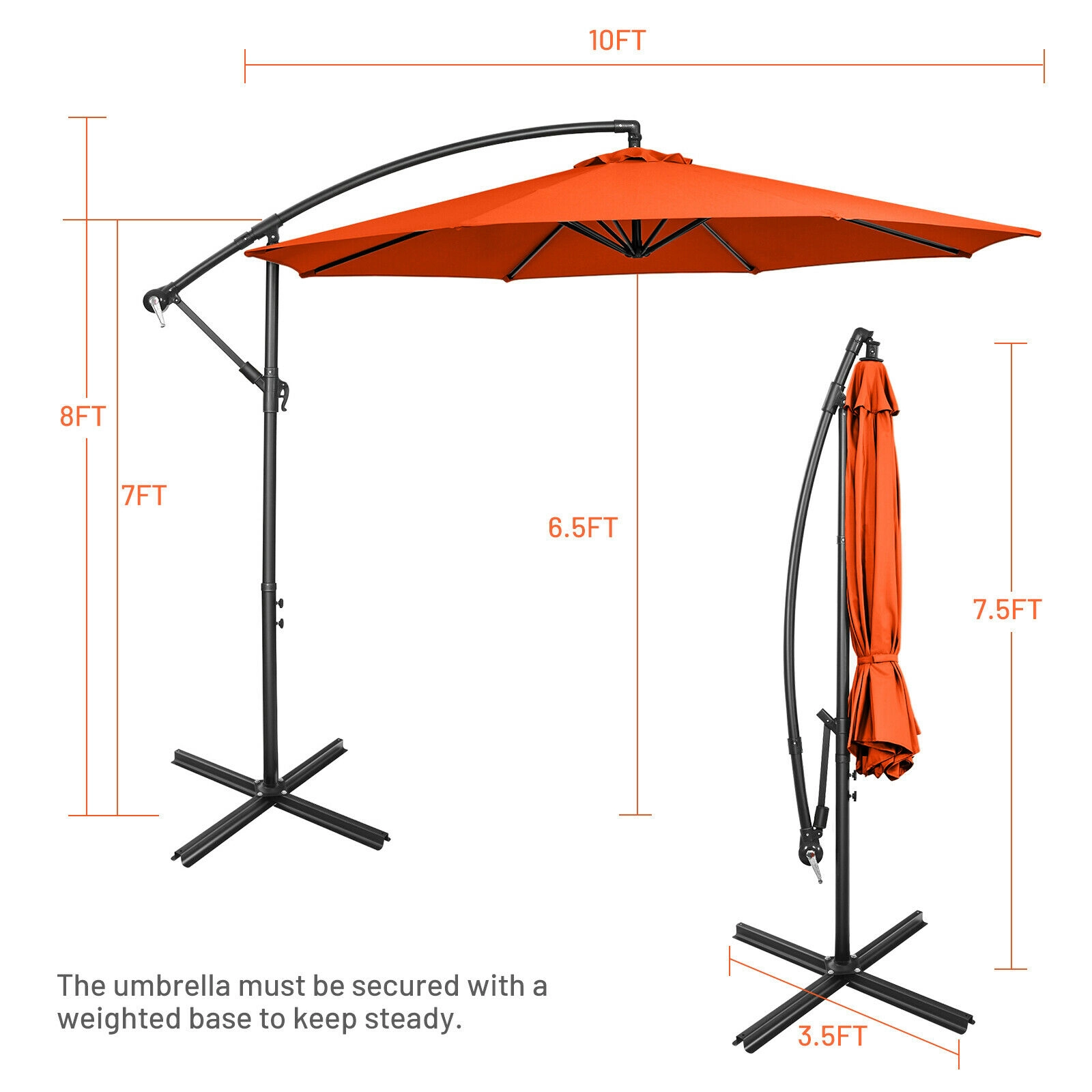 SUGIFT 10 ft Orange Offset Patio Umbrella, Waterproof Canopy, Crank Lift, Manual Tilt, Cross Base