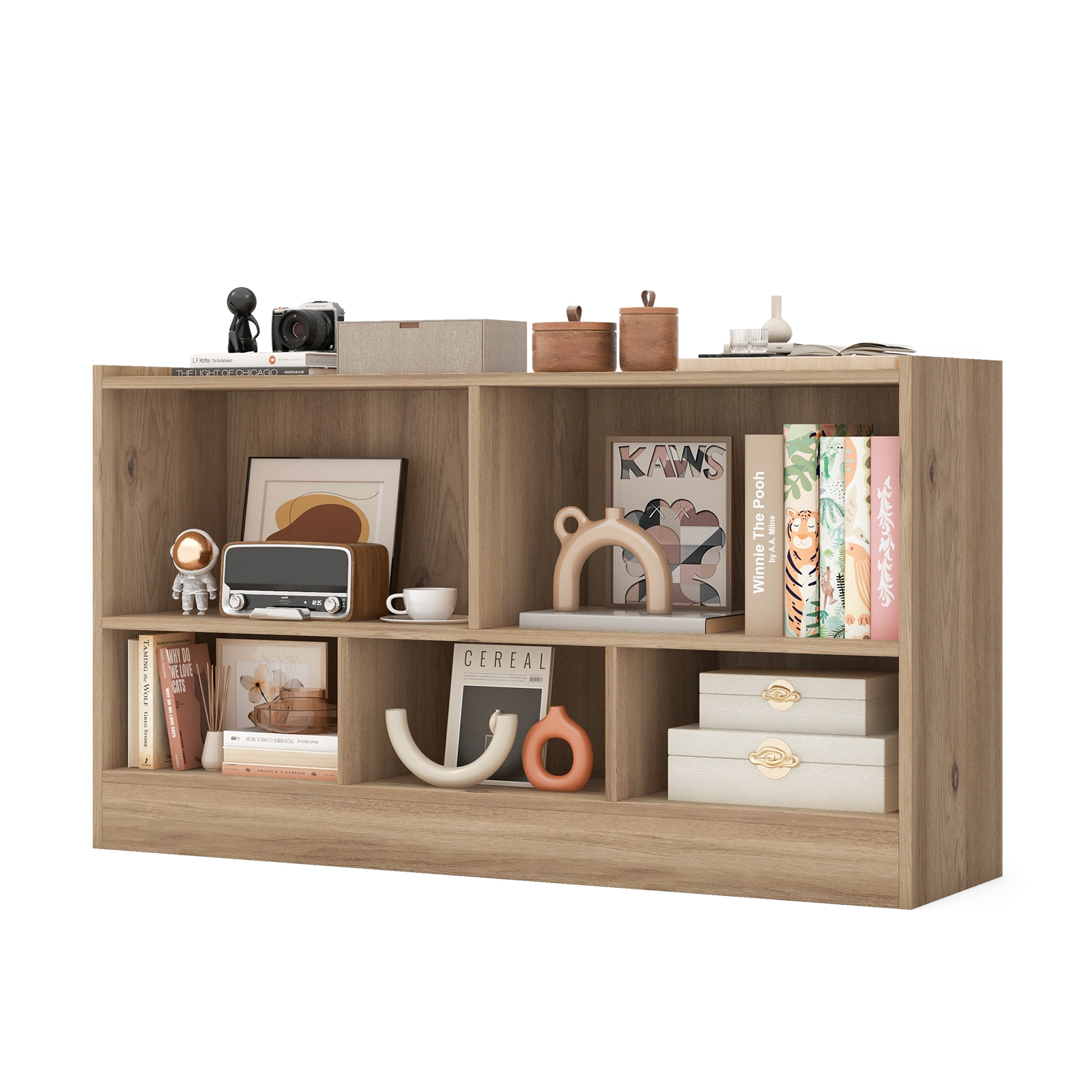 SUGIFT Kids 2-Shelf 5-Cube Wood Toy Storage Bookcase Organizer 132-lb Top Capacity Natural