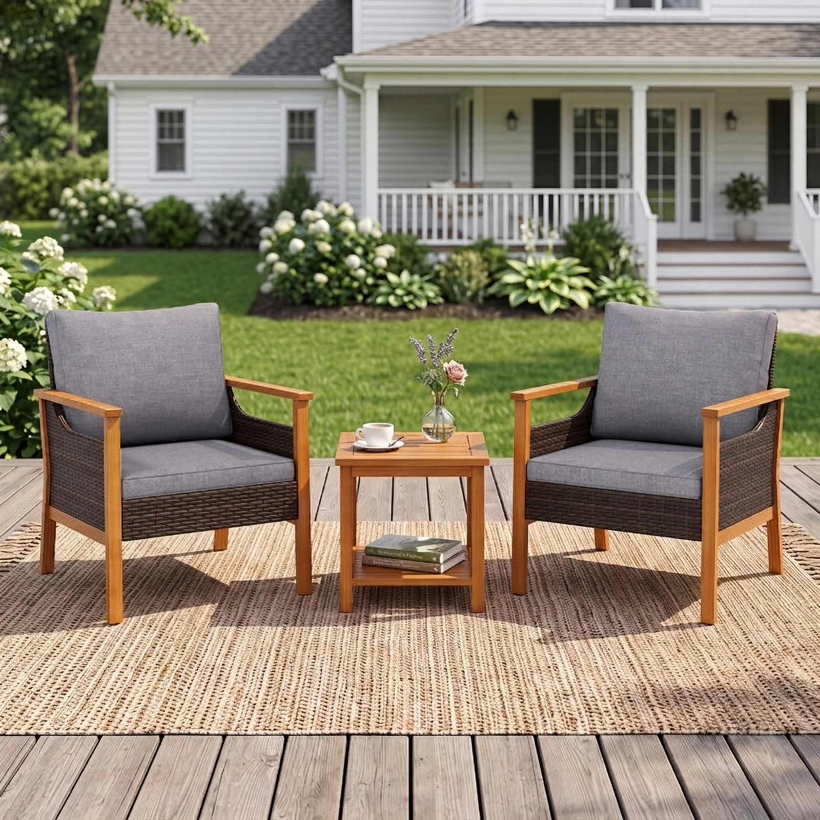 SUGIFT Patio Dining and Conversation Set with Armchairs 400-lb Chairs 165-lb Tabletop Gray Cushions Mix Brown Rattan
