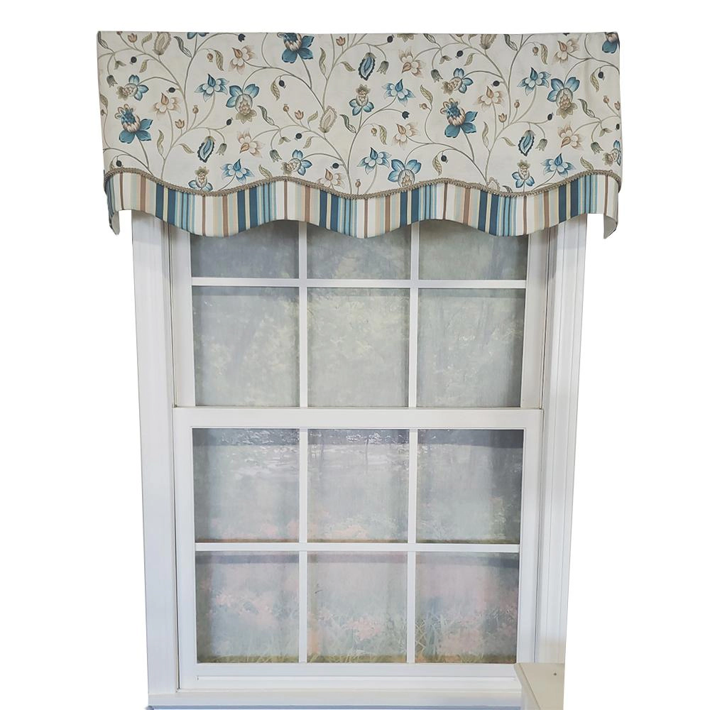 RLF Home Sandra Glory Window Treatment 100% Cotton Stripe with Gimp Trim Luxurious Lining Valance 50"x15" Blue