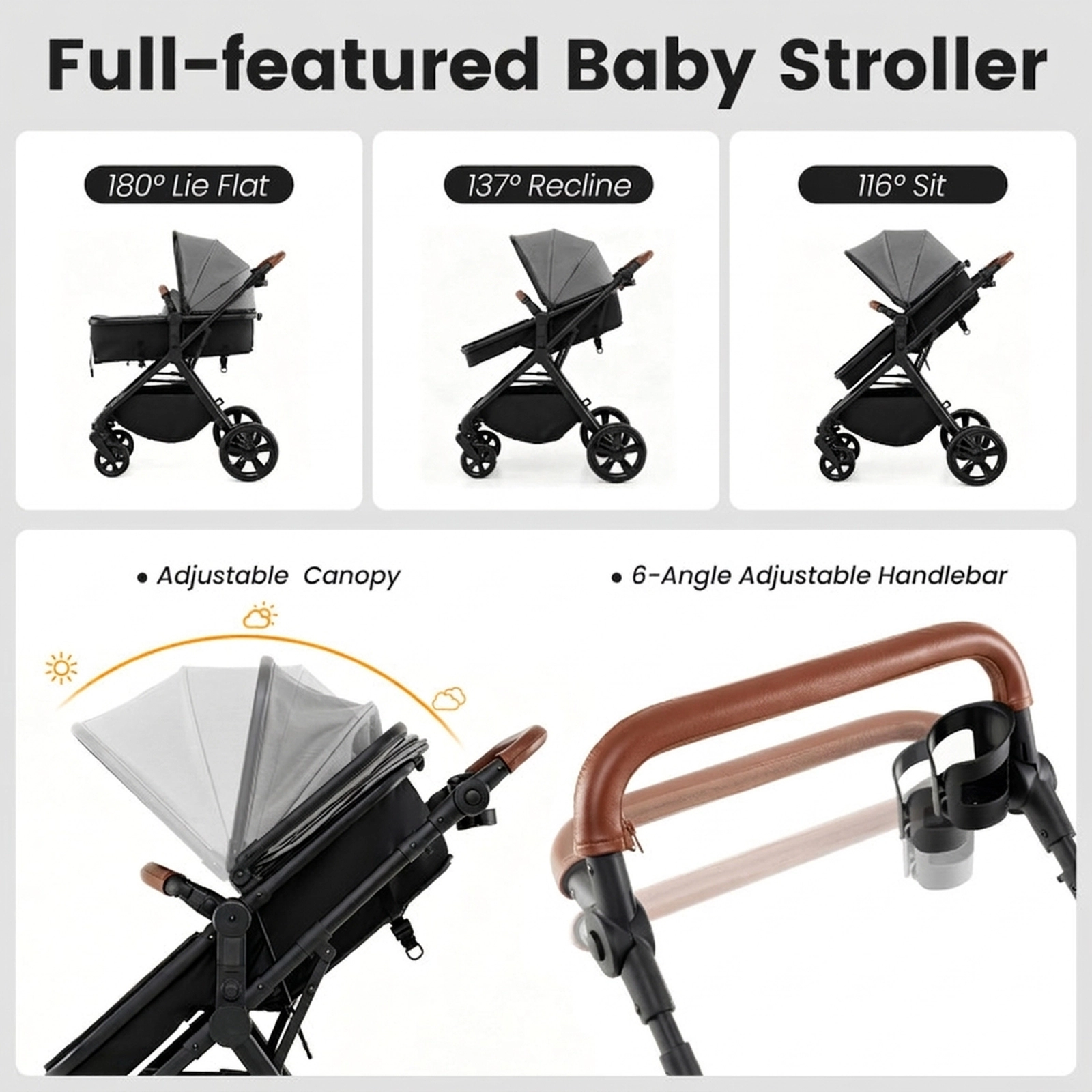 SUGIFT 2-in-1 Convertible Baby Stroller with Car Seat Adapters 33-lb Seat Capacity Ages 0-36 Months Gray