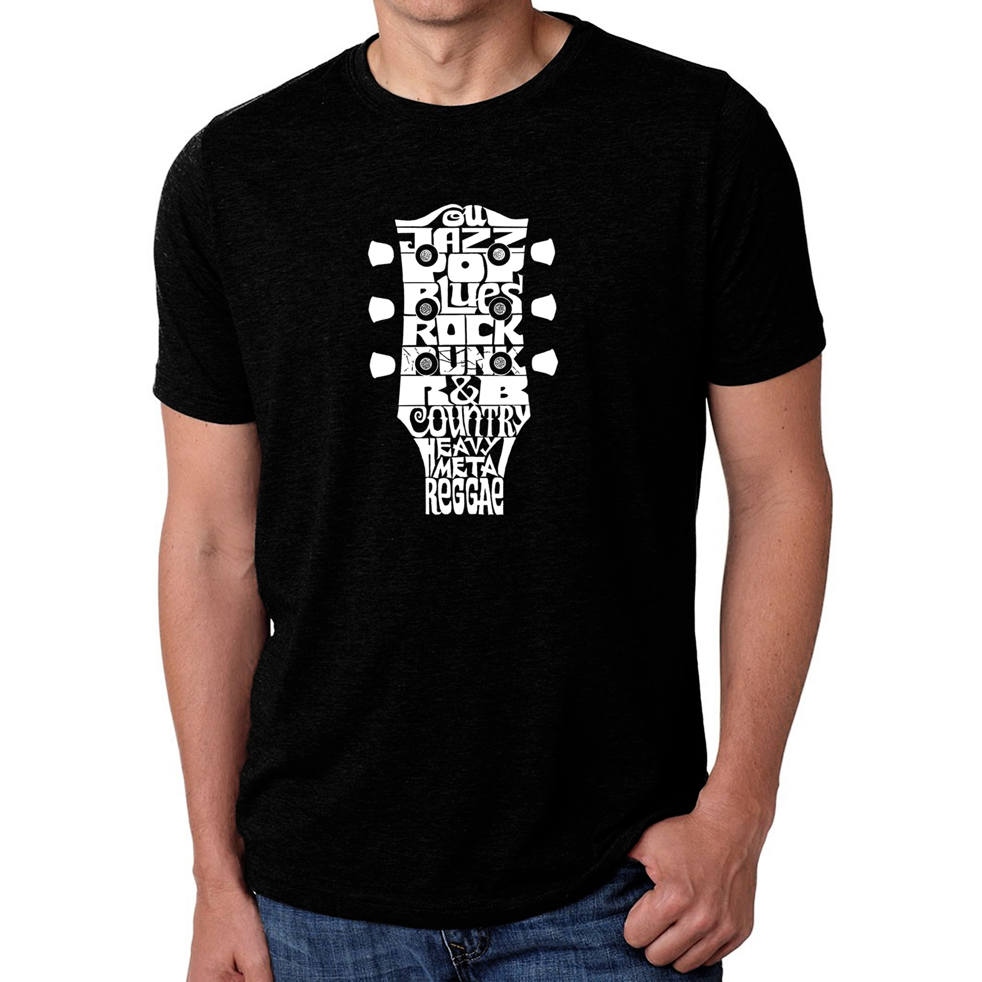 LA Pop Art Men's Cotton/Poly Word T-Shirt - Guitar Head Music Genres