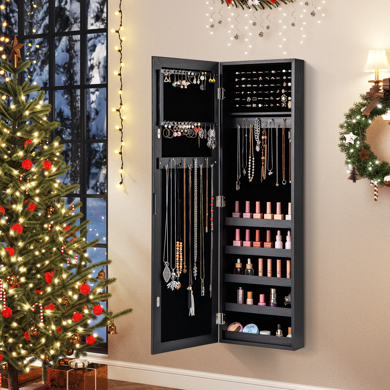 LJG Jewelry Cabinet Wall or Door Mounted Jewelry Armoire with Full-Length Mirror
