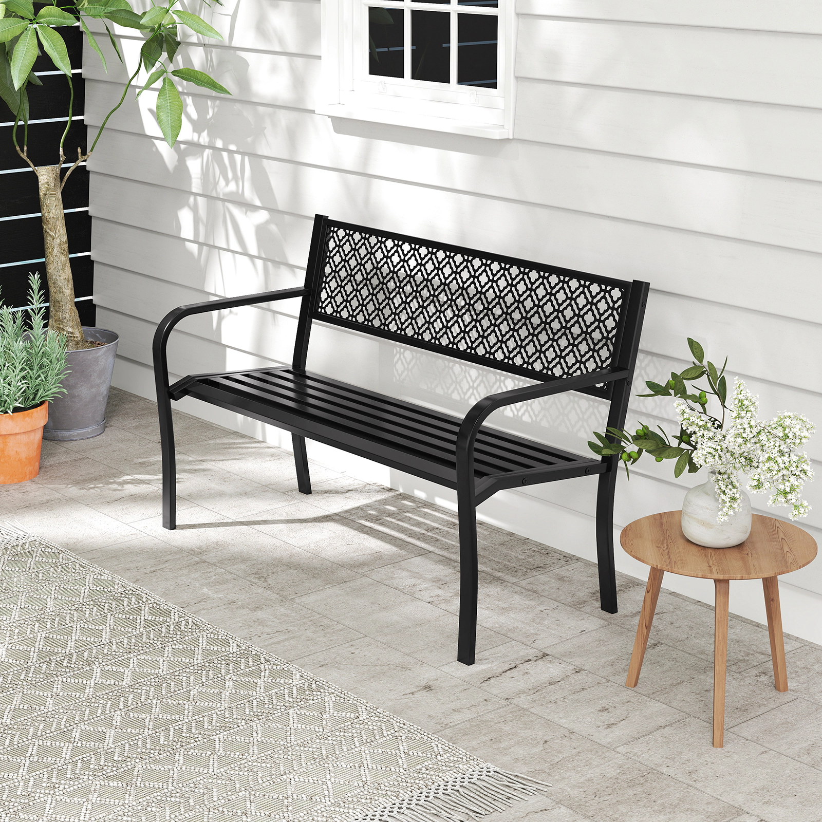 SUGIFT 50-in Outdoor Metal Garden Bench with Geometric Lattice Backrest and Slatted Seat 790-lb Capacity Black