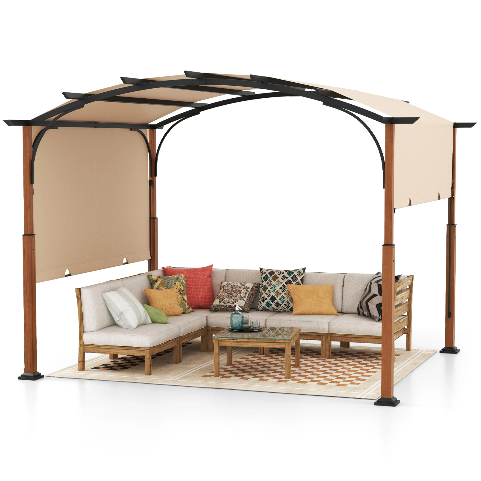 SUGIFT 10-ft x 12-ft Beige Outdoor Retractable Pergola with Sliding Sun Shade Canopy for Patio and Deck