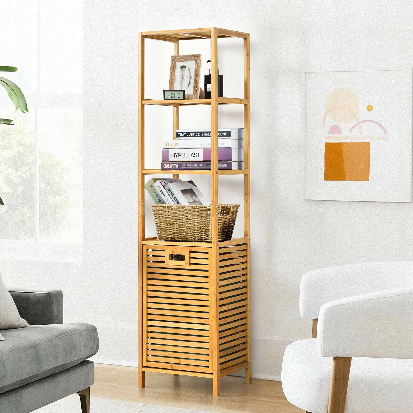 SlickBlue Wicker Laundry Hamper Tower with 3-Tier Storage Shelves