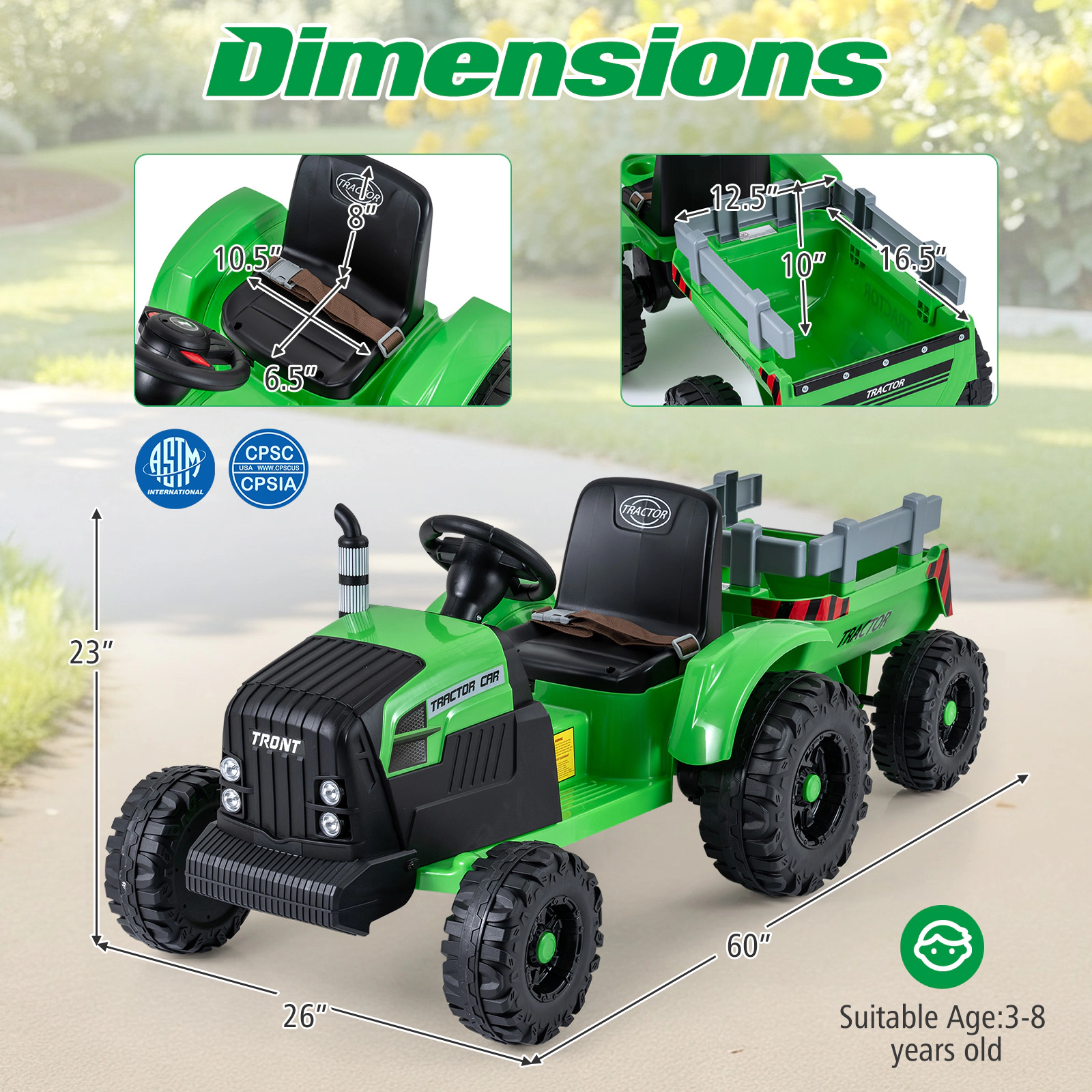 SUGIFT 24V Electric Ride On Tractor with Detachable Trailer and Remote Control 77-lb Capacity Ages 3-8 Green