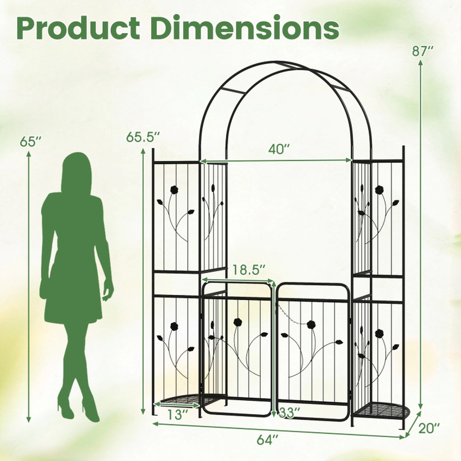 SUGIFT Black Metal Garden Arch with Lockable Gate 2 Planter Shelves and 6 Ground Stakes 64-in W 20-in D 87-in H