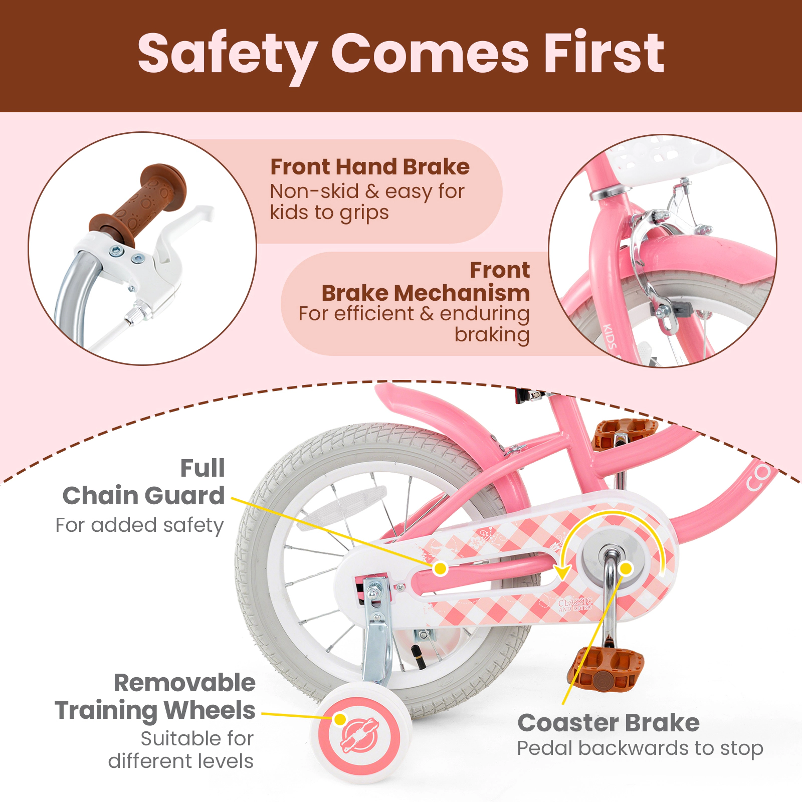 SUGIFT 16-Inch Kids Bike with Training Wheels, Dual Brakes and Basket 99-lb Capacity Ages 4-7 Years Peach