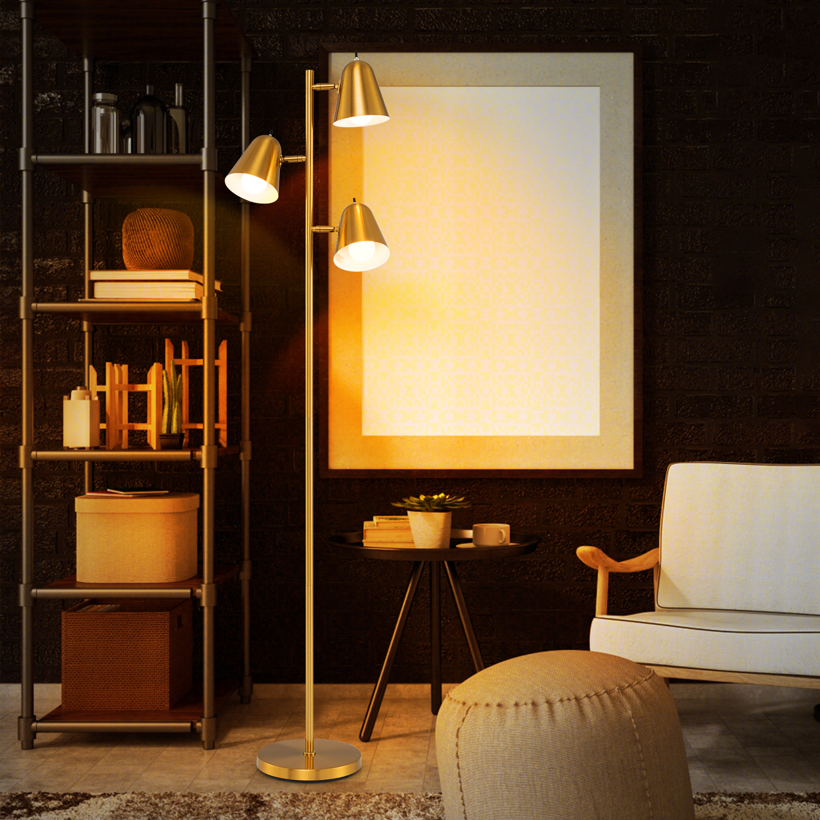 Slickblue Gold 3-Light Floor Lamp 64in Adjustable Reading Lamp with Individual Switches
