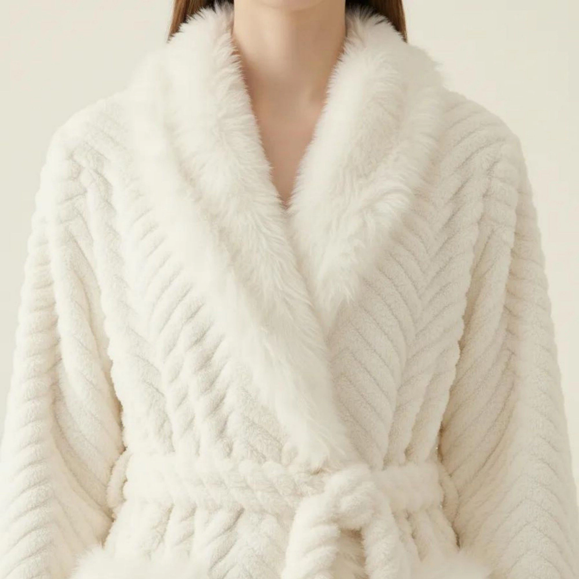 Anna-Kaci Women's Plush Long Robe with Faux Fur Trim Shawl Collar Tie Waist Belt Textured Soft Warm Full Length