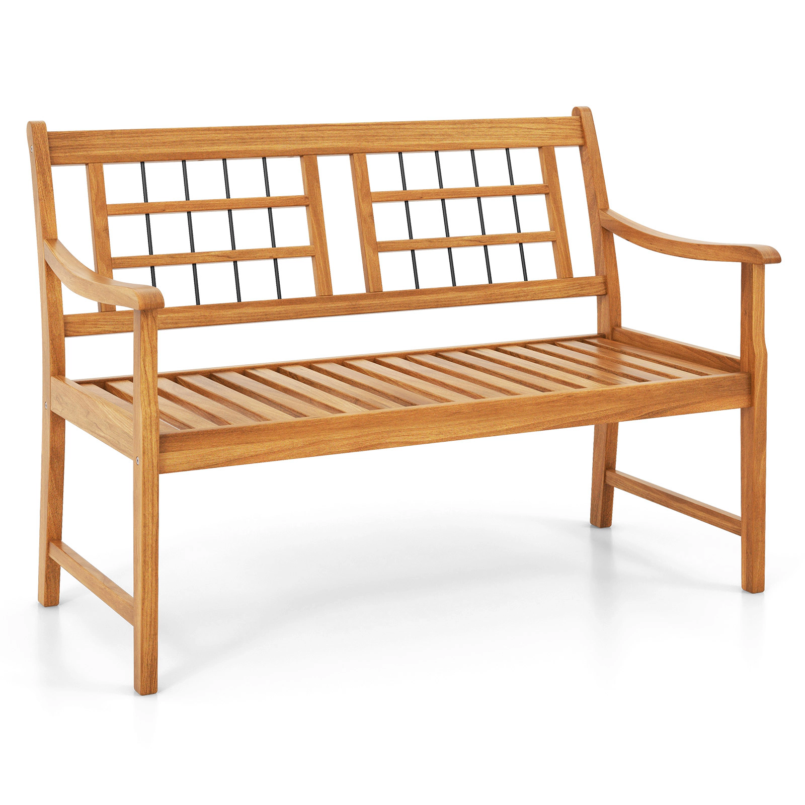 SUGIFT Curved Armrests Slatted Seat and Backrest 46.5 Inch Patio Acacia Wood Bench