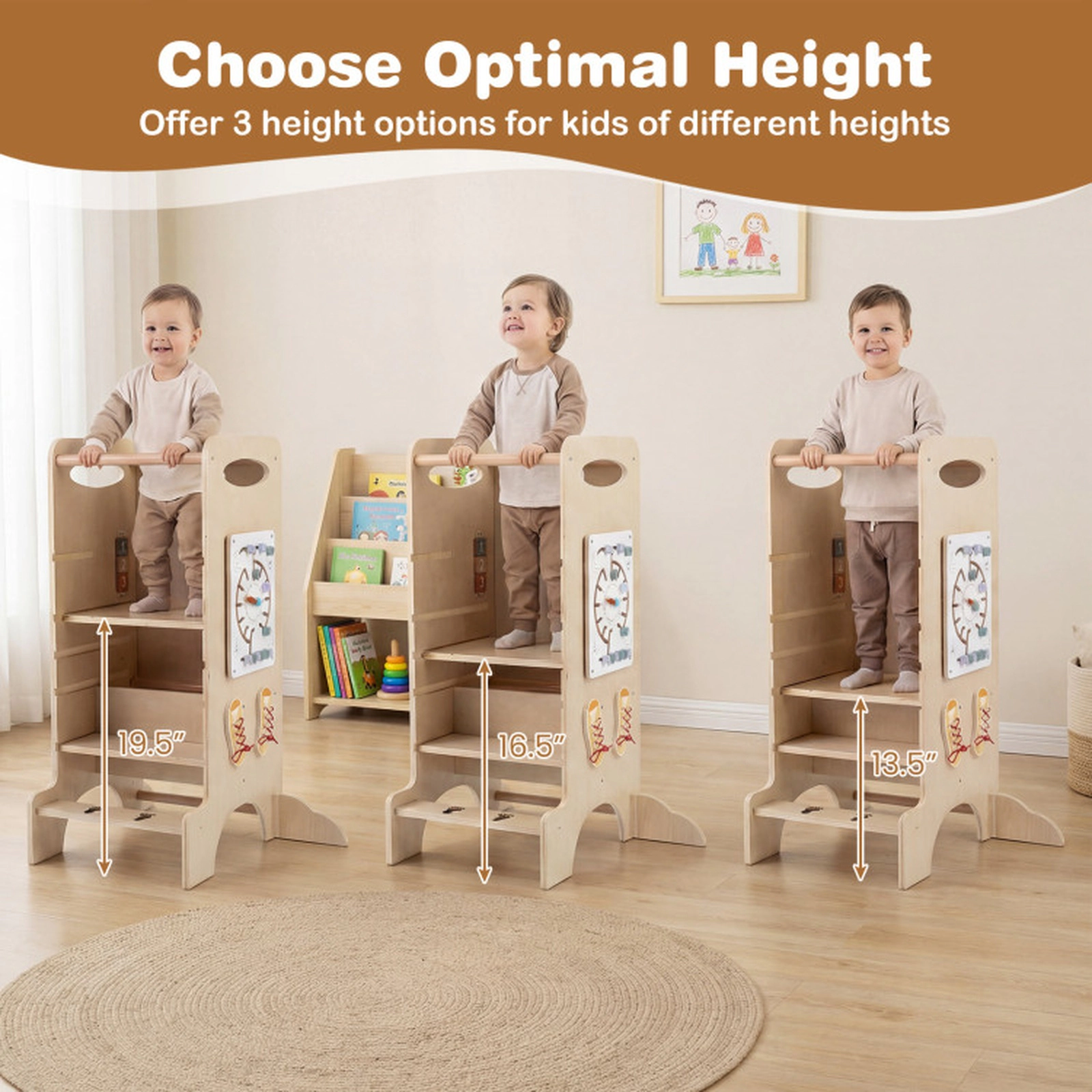 SUGIFT Kids Standing Tower Natural with Detachable Chalkboard and Montessori Games
