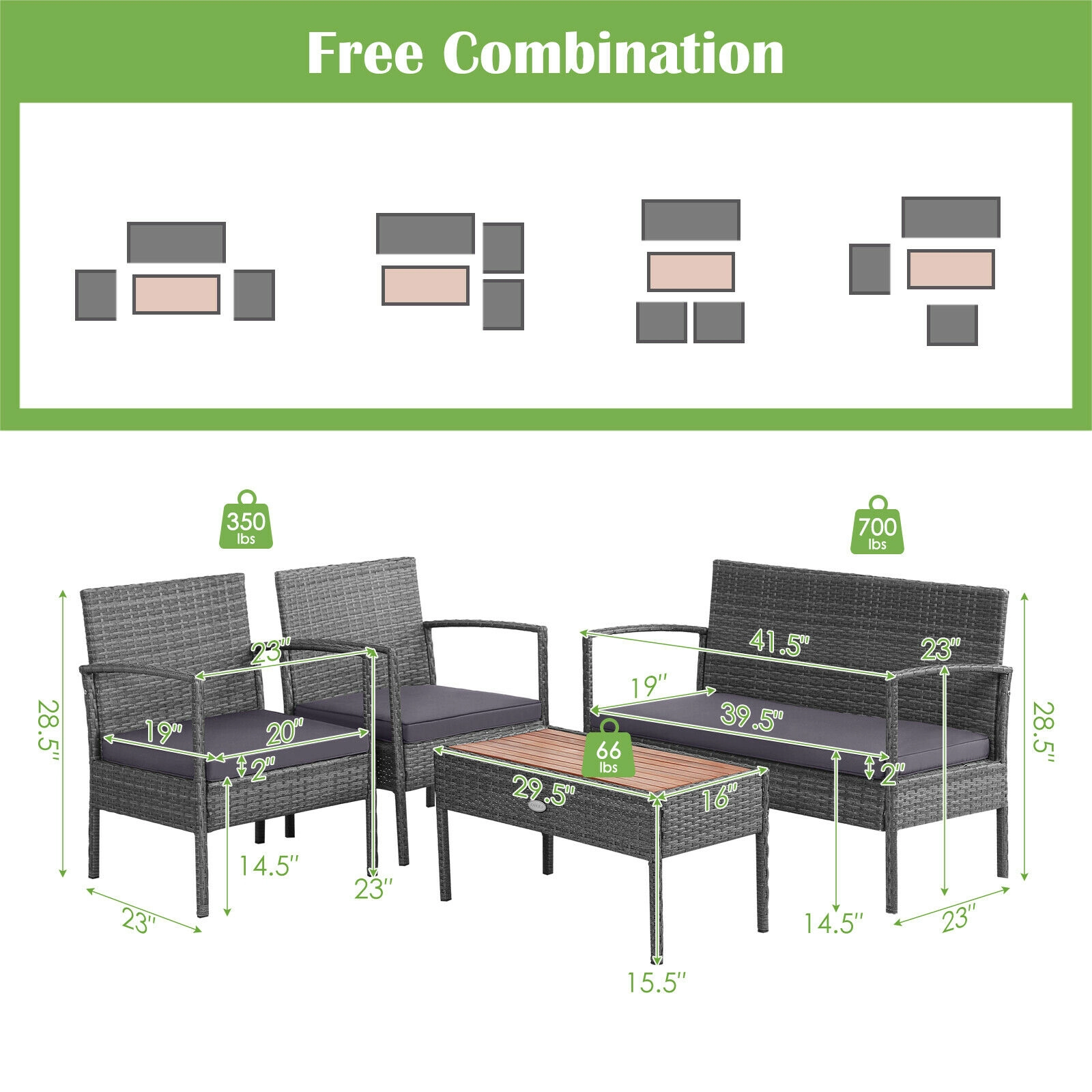 SUGIFT Gray Acacia Wood Tabletop and Cushions 4-Piece Rattan Patio Conversation Set