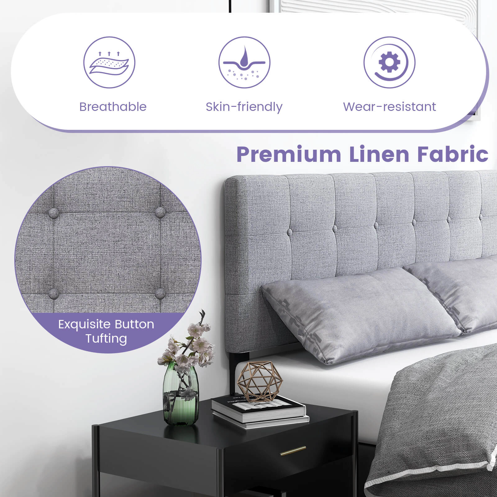 SUGIFT Adjustable Linen Upholstered Headboard with Solid Rubber Wood Legs for Full and Queen Beds 63.5-in Wide Gray