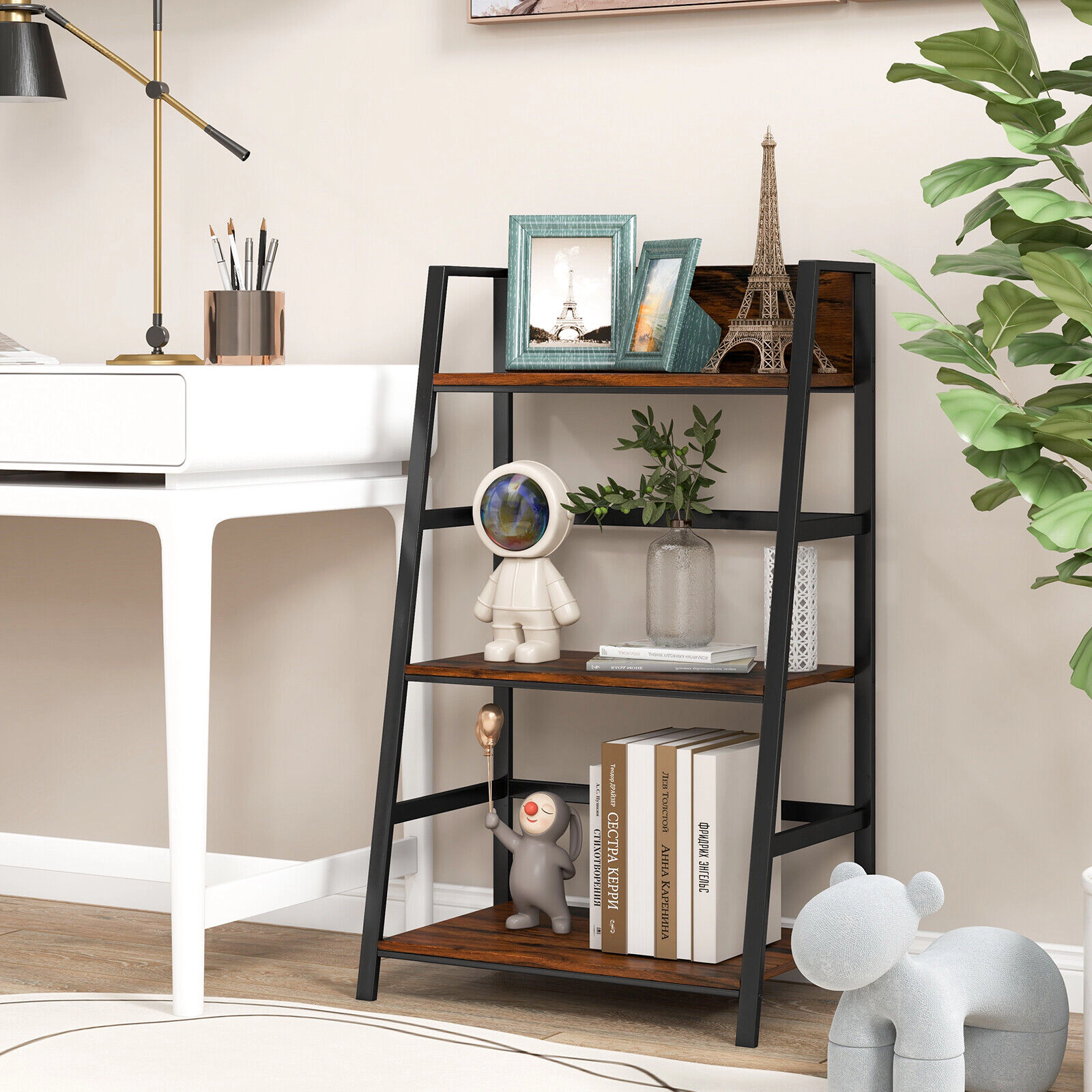 SUGIFT Rustic Brown 3-Tier Ladder Industrial Bookshelf with Metal Frame