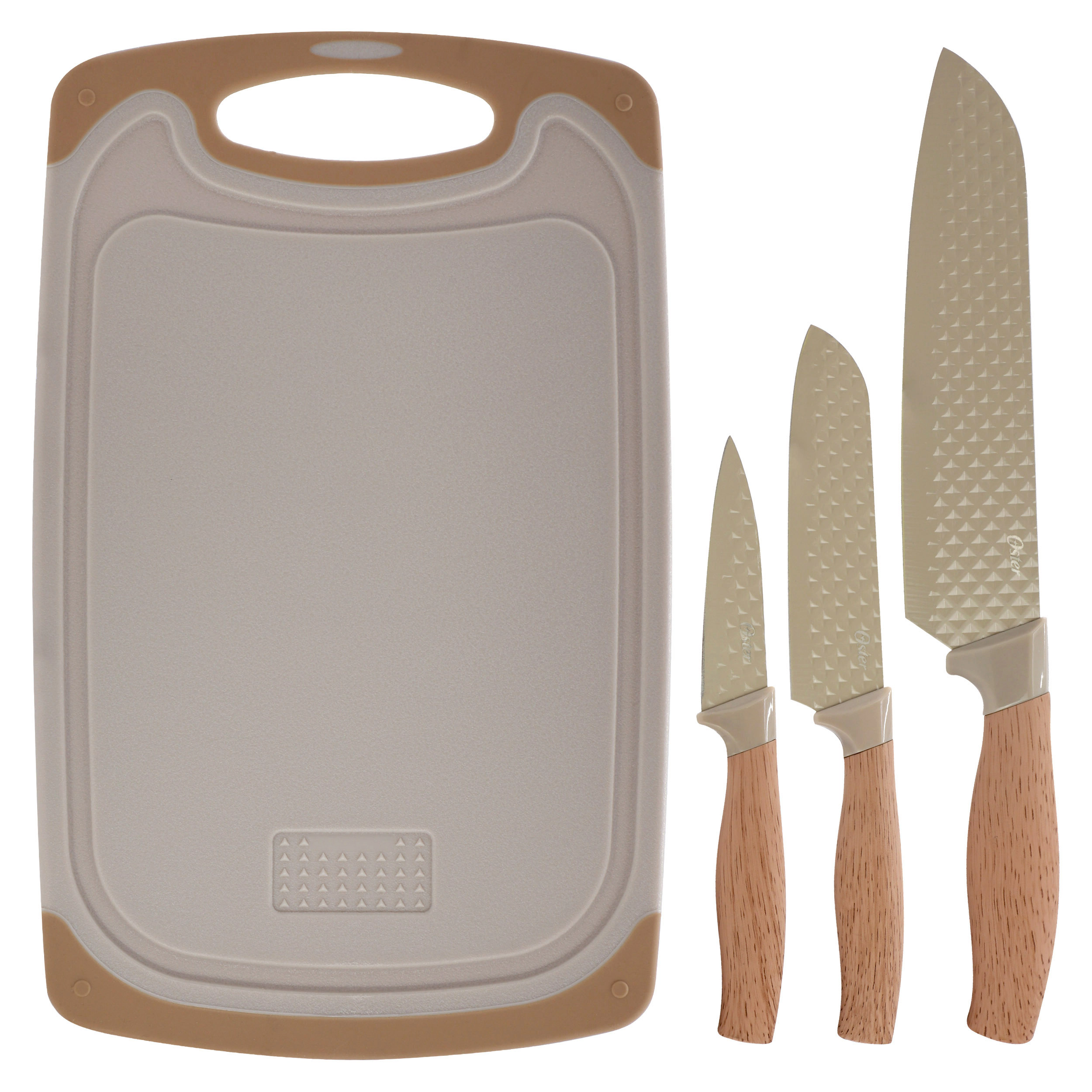 Oster Gunderson 4 Piece Stainless Steel Cutlery and Cutting Board Set in Brown