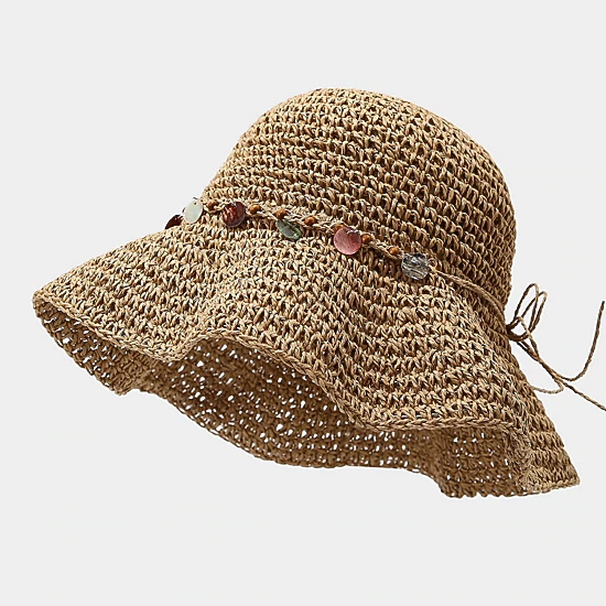Anna-Kaci Womens Woven Straw Sun Hat with Beaded Band and Floppy Brim