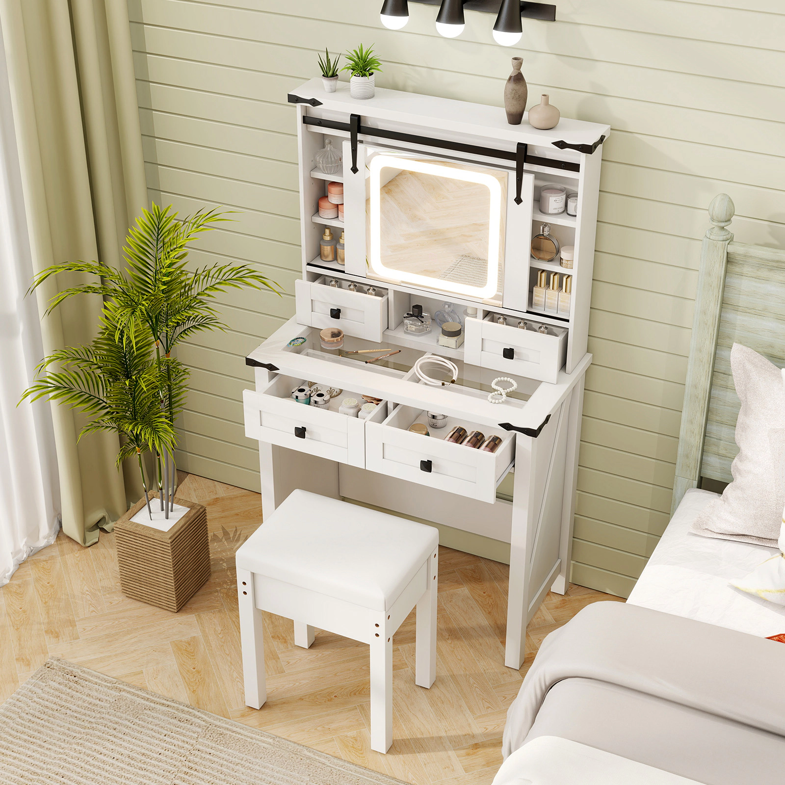 LJG Makeup Vanity Desk with Mirror and Adjustable Storage Shelves
