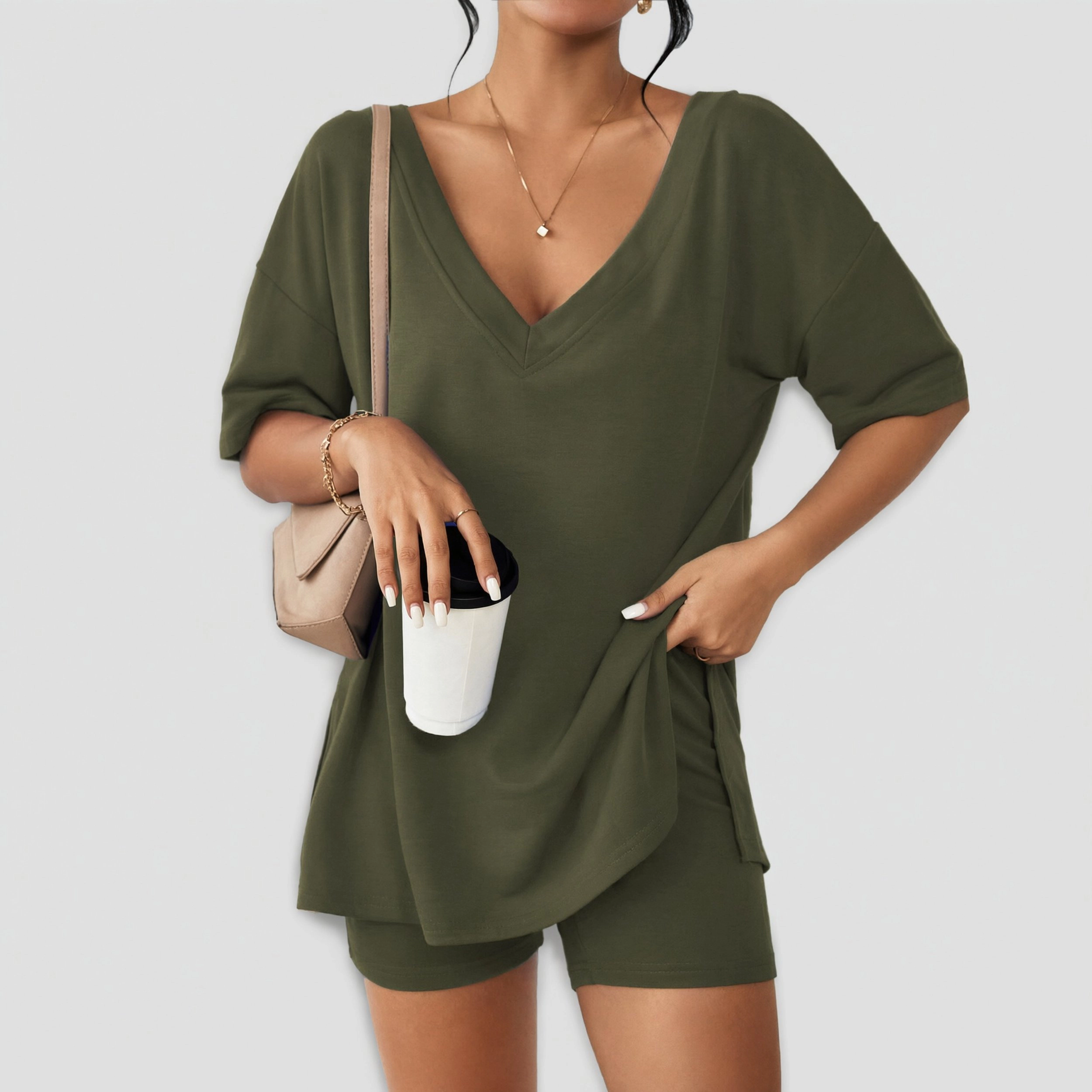 Ekouaer Womens Pajamas 2 Piece Lounge Sets Oversized V Neck T-Shirts Tops Biker Shorts Set