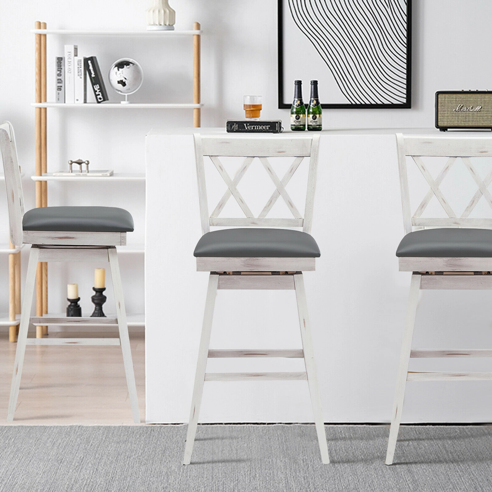 SUGIFT Set of 2 White 29-Inch Counter-Height Swivel Bar Stools with PVC Backrests and Rubberwood Legs