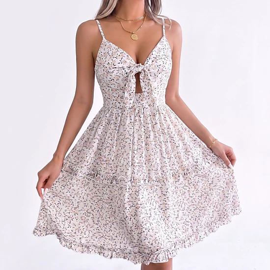 Anna-Kaci Women's Floral Tie Front Cutout Smocked Ruffle Tiered Dress