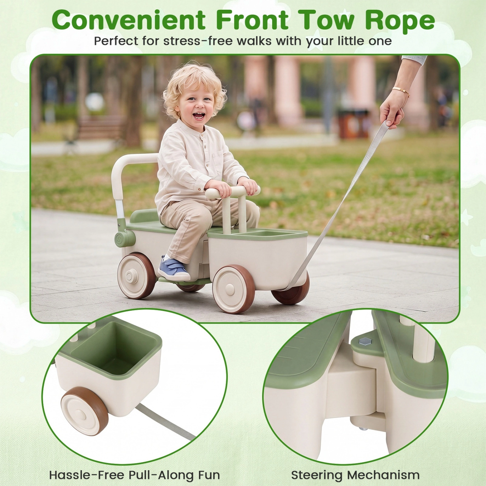 Kids Push Car 3-in-1 Ride On Toy Front Tow Rope Ergonomic Handlebar Deep Storage Ages 3-6 Green Toddler Sliding Car