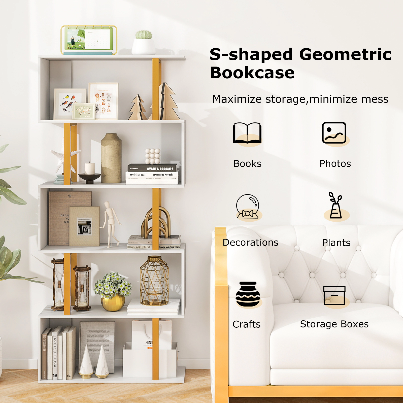 SUGIFT White and Gold Metal Frame and Anti-Tipping Kit Geometric Bookcase