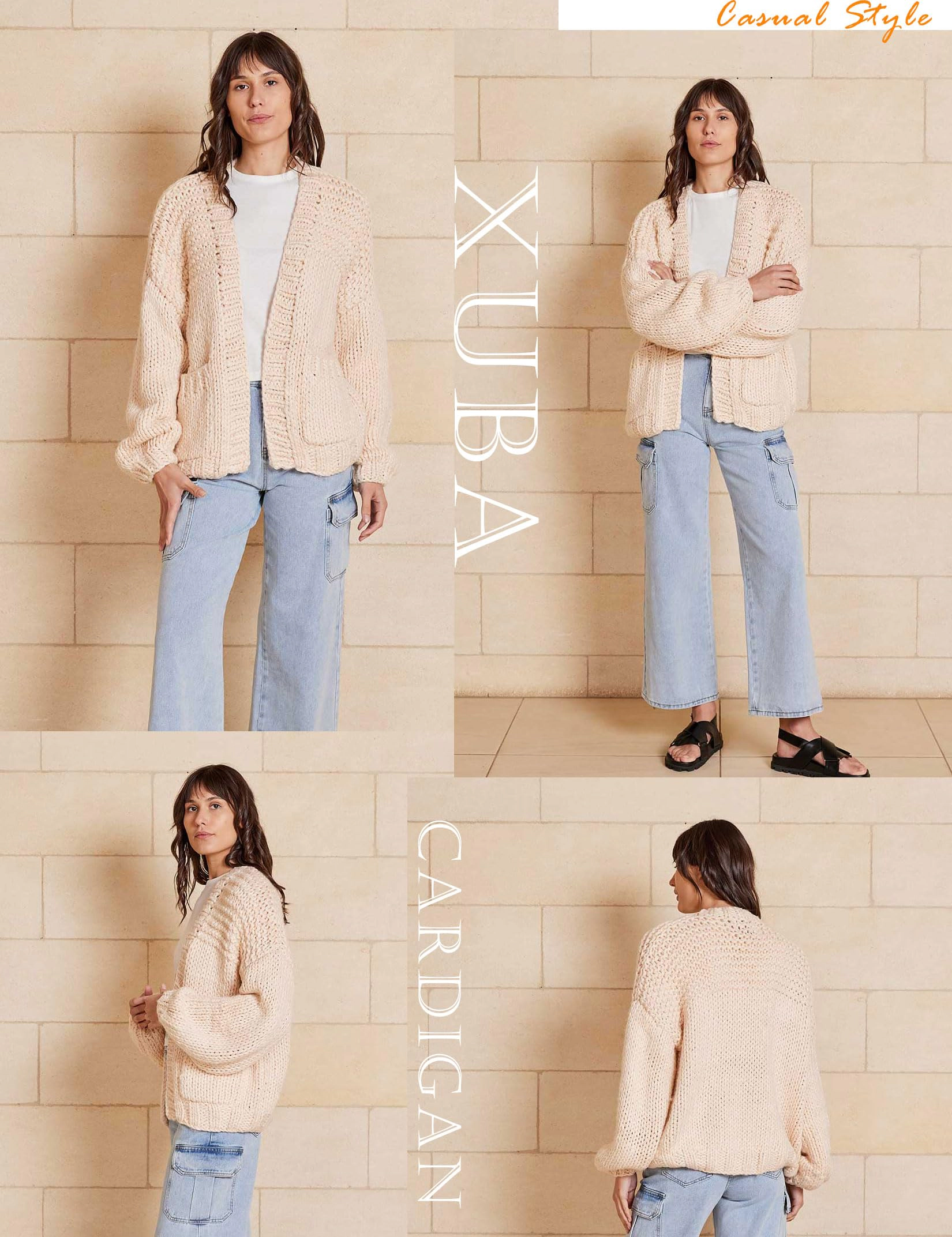 KOJOOIN Women's Cardigan Chunky Knit Sweaters Open Front Pocketed Oversized Jacket Balloon Sleeve