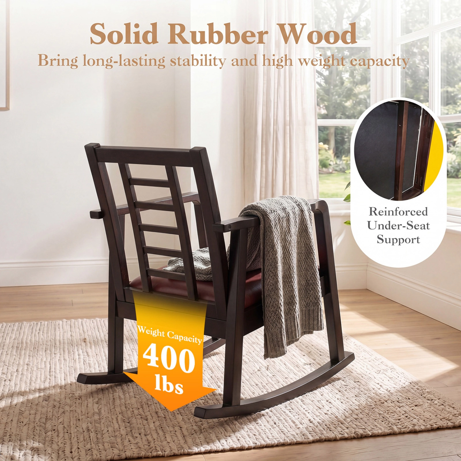 SUGIFT Brown Wooden Ladder-Back Rocking Chair with Faux Leather Seat