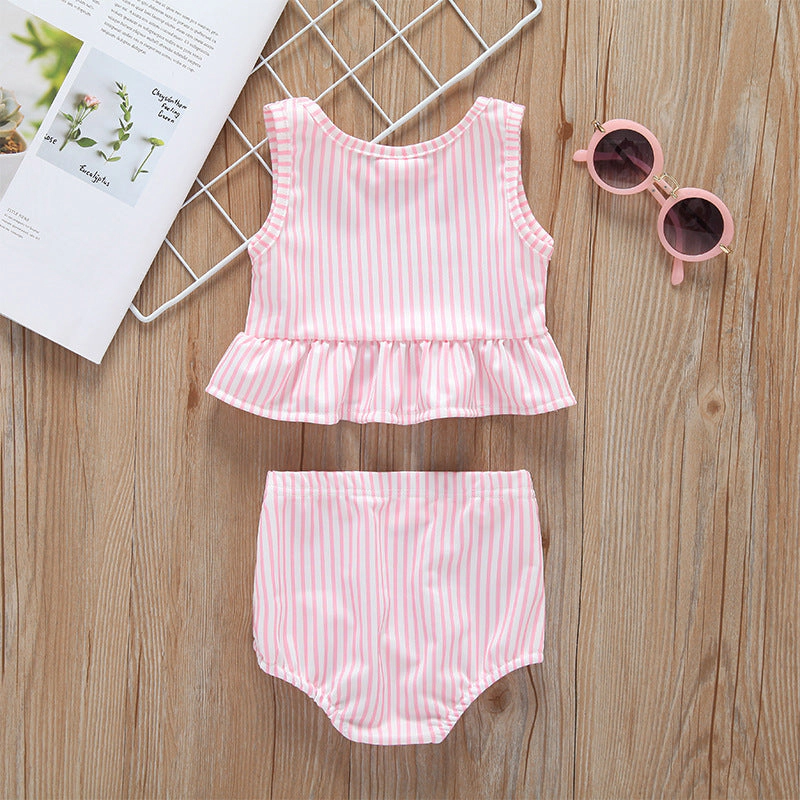 MyKids-USA Baby Girl Striped Graphic Ruffle Tops Combo Shorts One Pieces Swimsuit