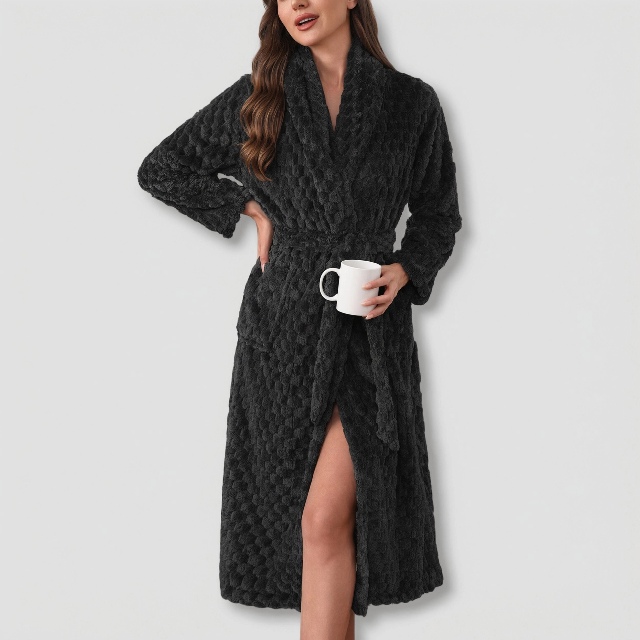 Ekouaer Womens Robe Long Plush Soft Bathrobe Jacquard Robes Shawl Collar Sleepwear with Pockets
