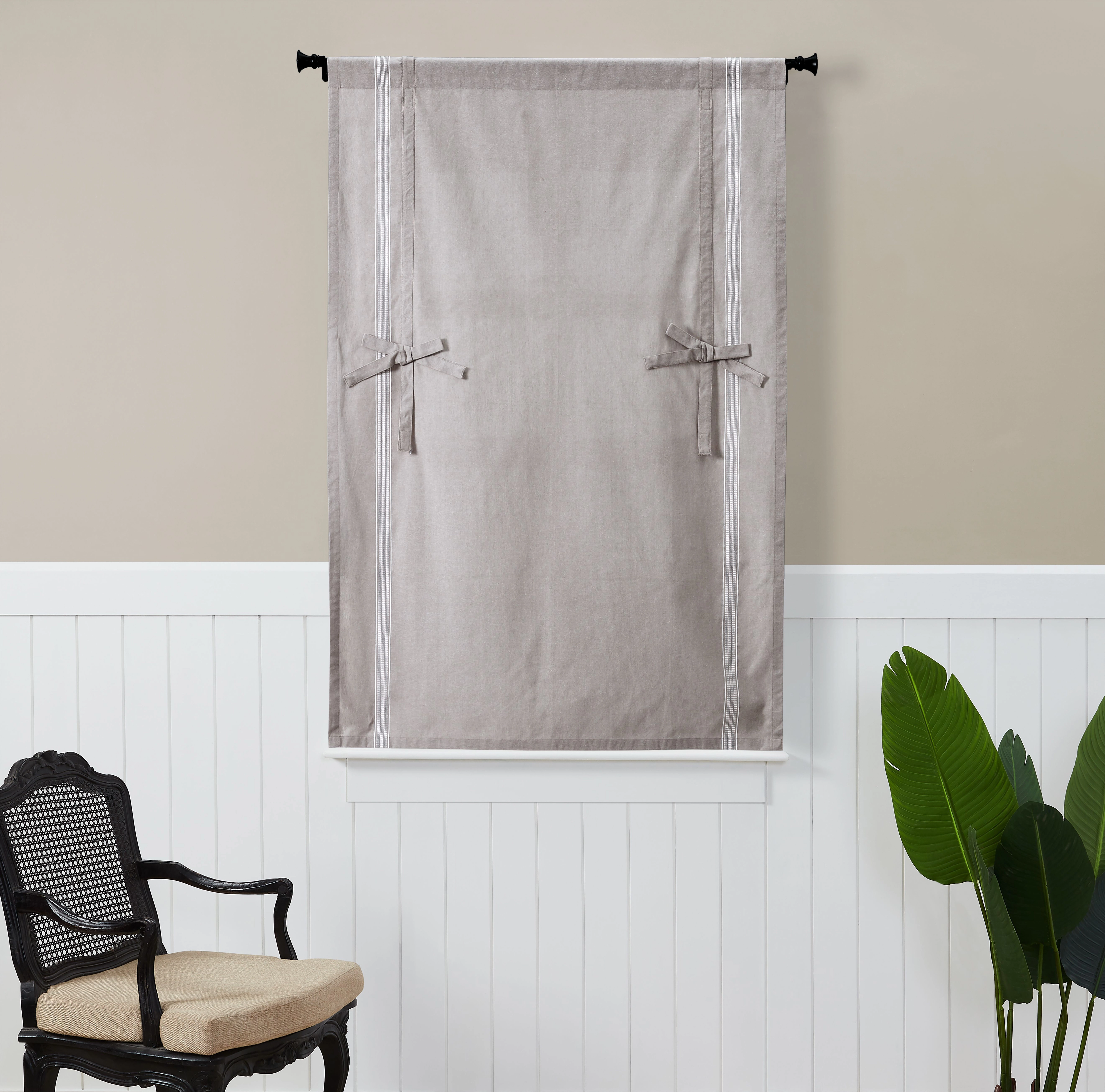Kate Aurora Country Farmhouse Cotton Striped Rod Pocket Tie Up Window Curtain Panel - Brown/Stone