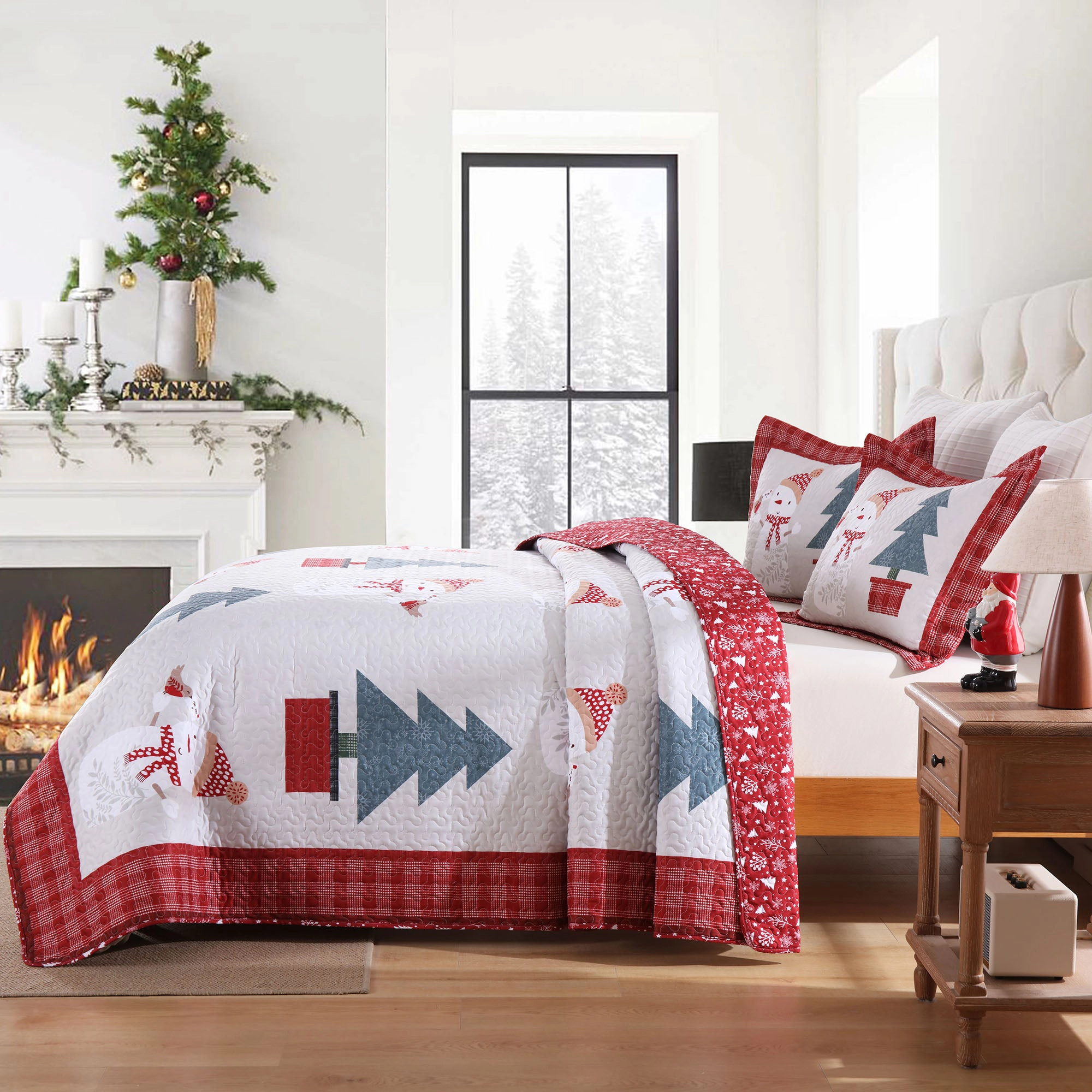 MarCielo 3 Piece Christmas Quilt Bedspread Set,Snowman & Tree Holiday Bedding Set