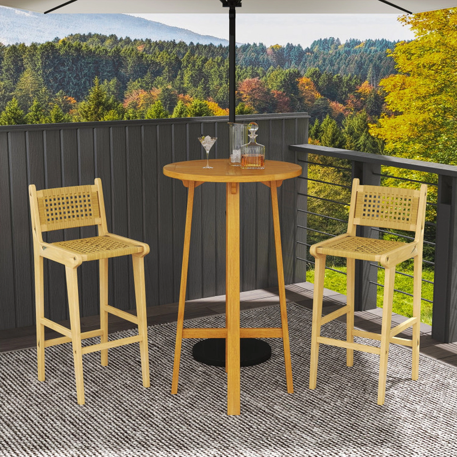 SUGIFT 29.5-in Bar Height Teak Patio Bar Stool, Woven Rattan, Foot Rail, 350-lb Capacity