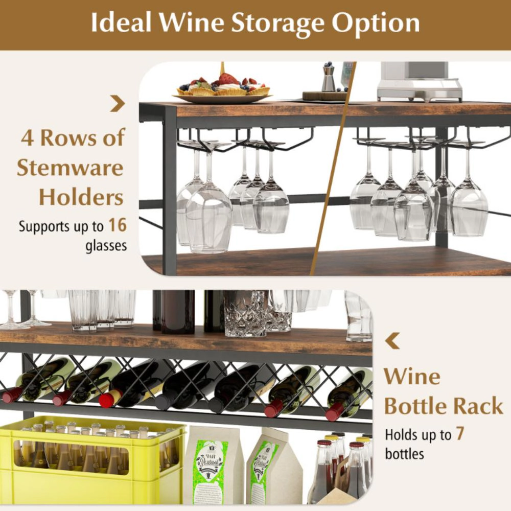 Hivvago 41 Inch 4-Tier Bar Table with Wine Rack and 4 Rows of Glass Holders-Rustic Brown