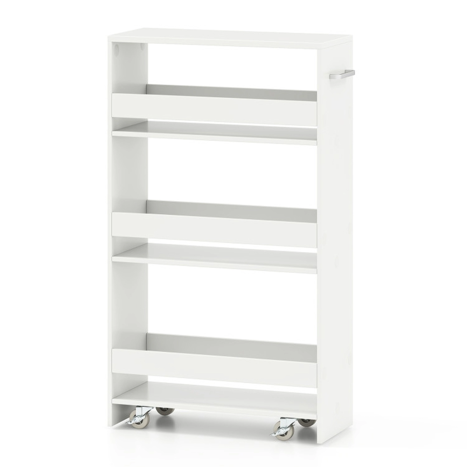 SUGIFT 4-Tier White Slim Rolling Kitchen Cart on Wheels with Guard Rails and Towel Bar Handle
