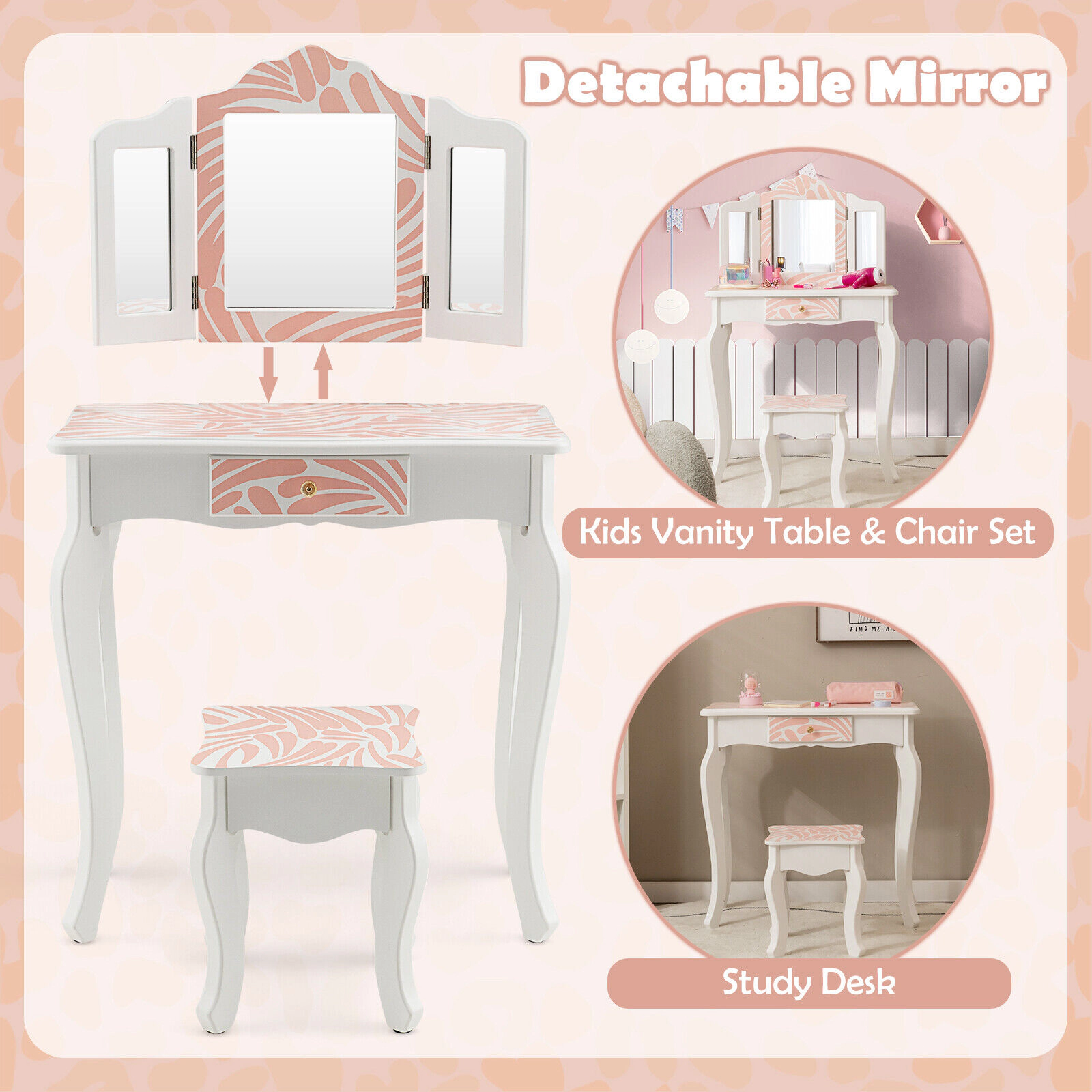 SUGIFT Pink Tri-Folding Mirror Large Drawer and Stool 2-in-1 Kids Vanity Table Set