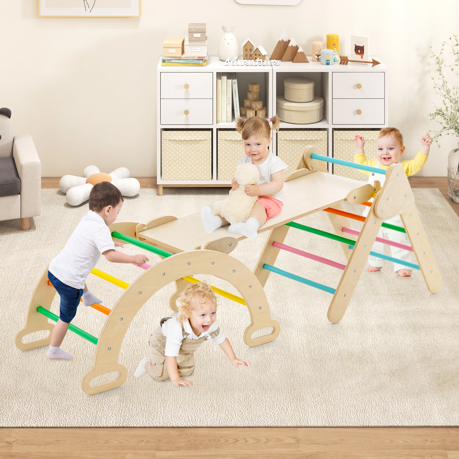 SUGIFT Multicolor Triangle Arch and Reversible Ramp 5-in-1 Wooden Kids Climber Set
