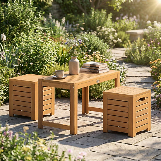 Hivvago Acacia Wood Outdoor Coffee Table With Stools Set Of 2 3 Pieces Patio Table And Stools Set