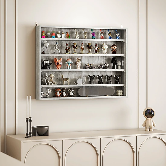HONGGE 5-Tier Display Cabinet Wall-Mounted Display Case with 2 Glass Doors and Adjustable Shelves