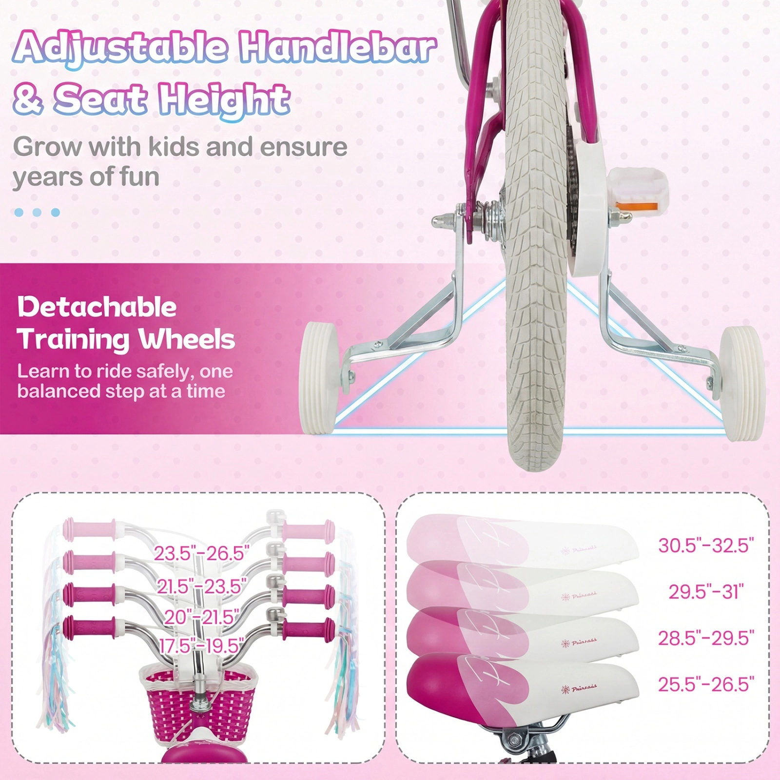 18-in Kids Bike Girls Ages 4-8 Rose Red Removable Training Wheels Kickstand Front Basket 132-lb Seat Capacity