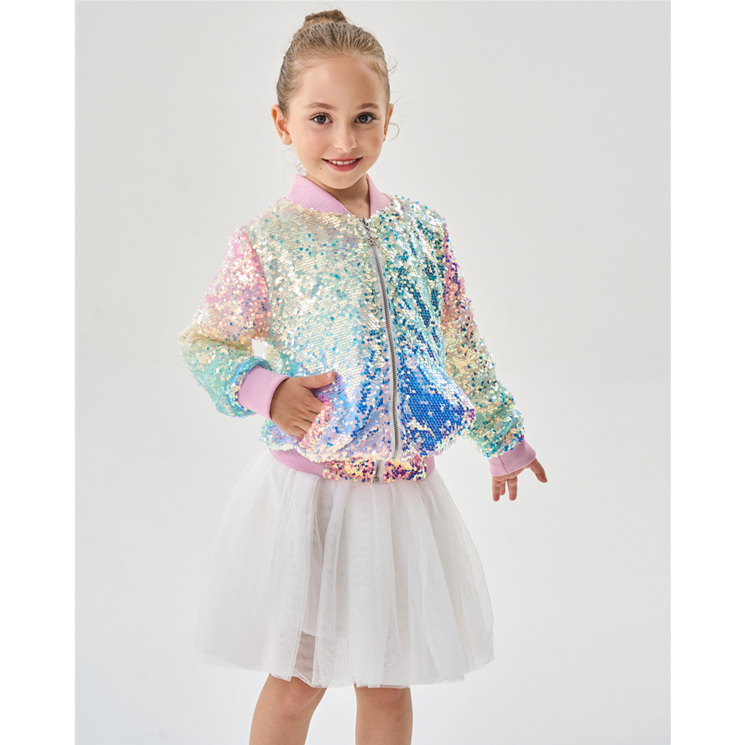 2Bunnies Girls’ Iridescent Ombre Sequin Bomber Jacket