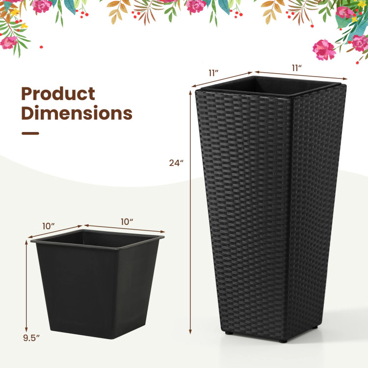 Hivvago Set of 2 Rattan Tall Plant Pots with Detachable Plastic Liners