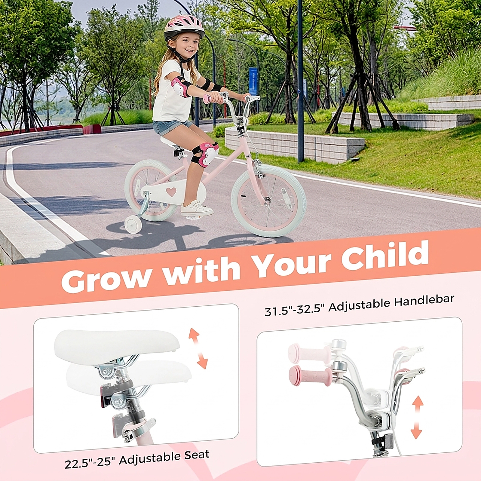 SUGIFT 16 in Kids Bike Pink Stars and Moon with Training Wheels and Adjustable Seat
