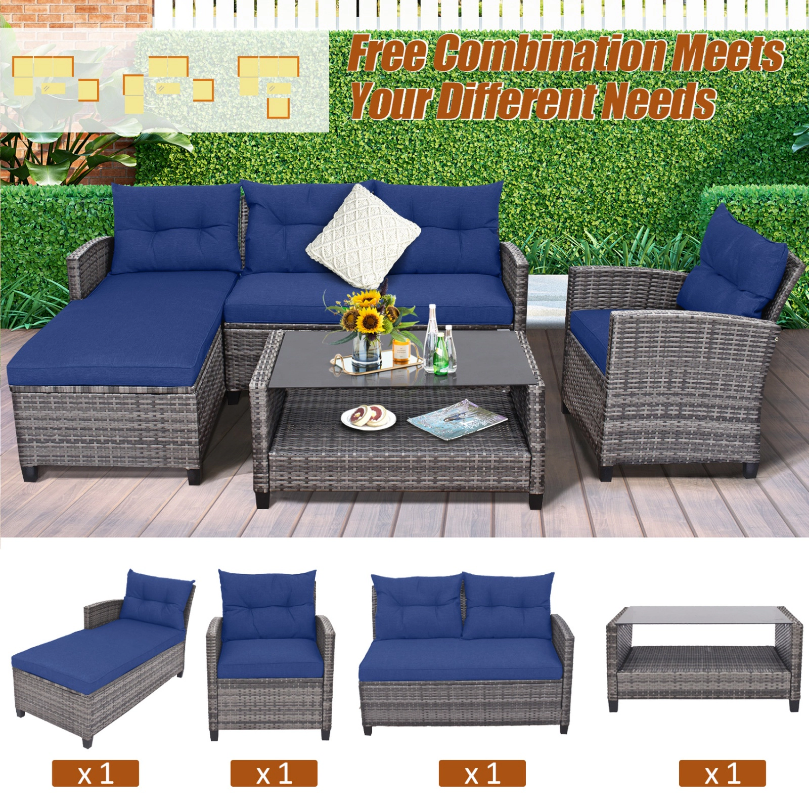 SUGIFT 4-Piece Patio Conversation Sofa Set with Cushions and 2-Tier Coffee Table 800-lb Loveseat Capacity Gray