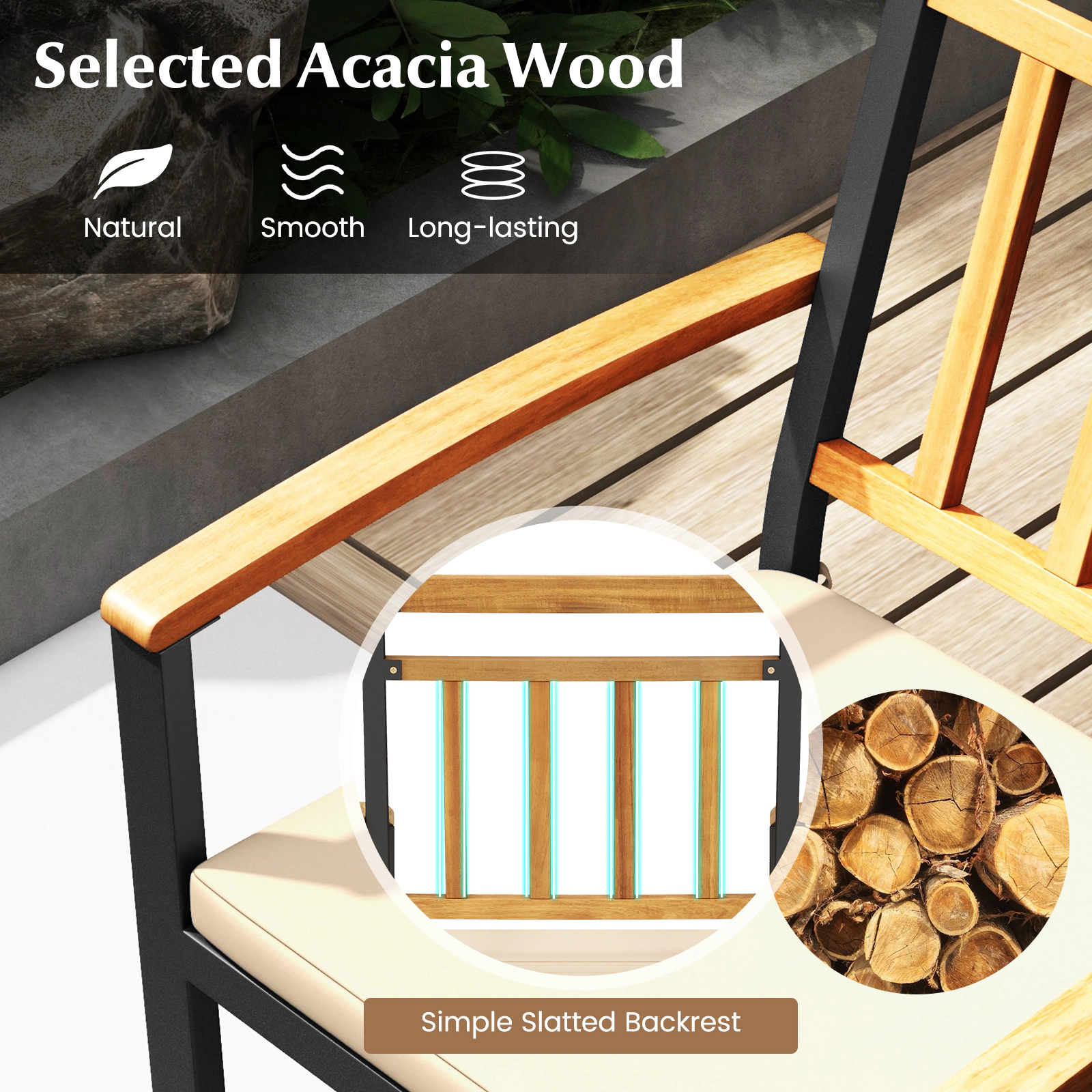 SUGIFT Set of 2 Outdoor Patio Dining Chairs with Cushions and Acacia Wood Armrests